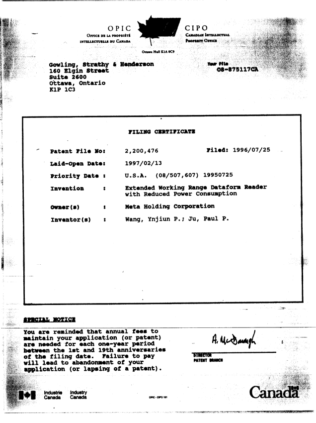 Document de brevet canadien 2200476. Cession 19970319. Image 4 de 4
