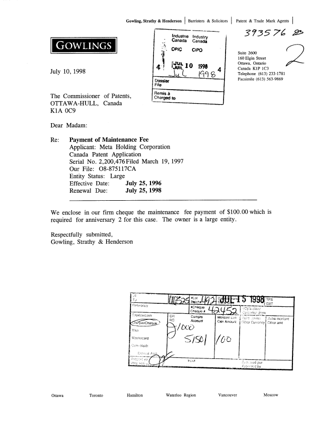 Canadian Patent Document 2200476. Fees 19980710. Image 1 of 1