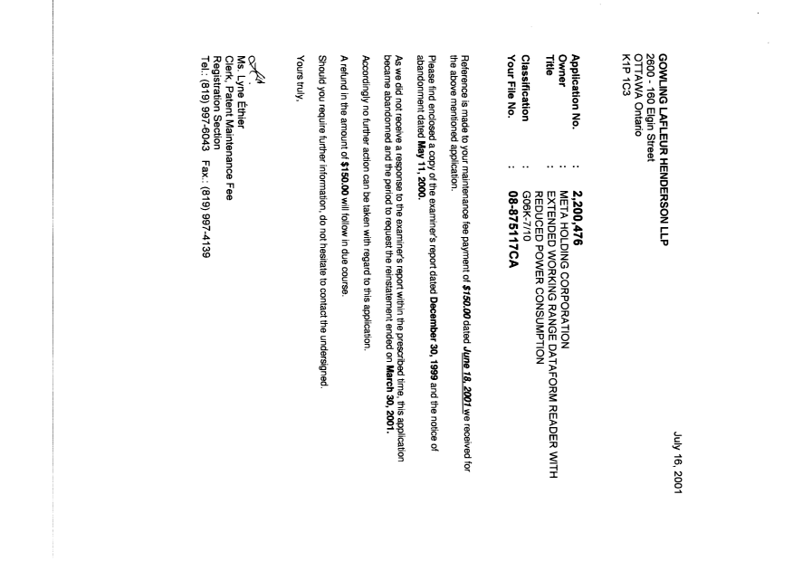 Document de brevet canadien 2200476. Correspondance 20010716. Image 1 de 2