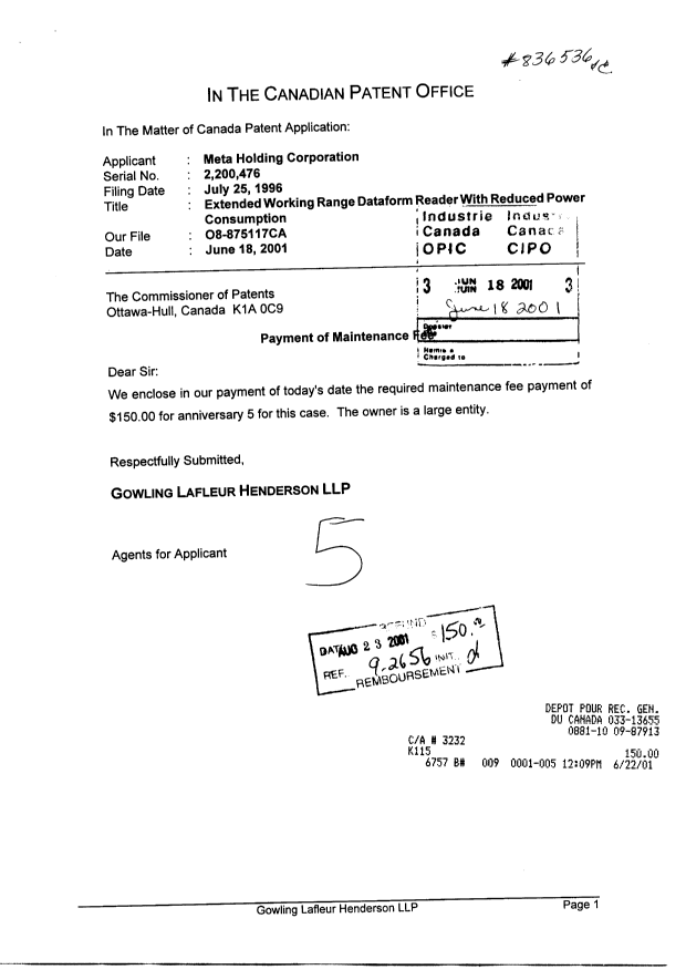 Document de brevet canadien 2200476. Correspondance 20010716. Image 2 de 2