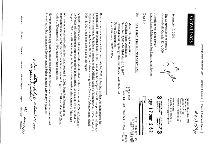 Document de brevet canadien 2200476. Taxes 20010917. Image 1 de 3