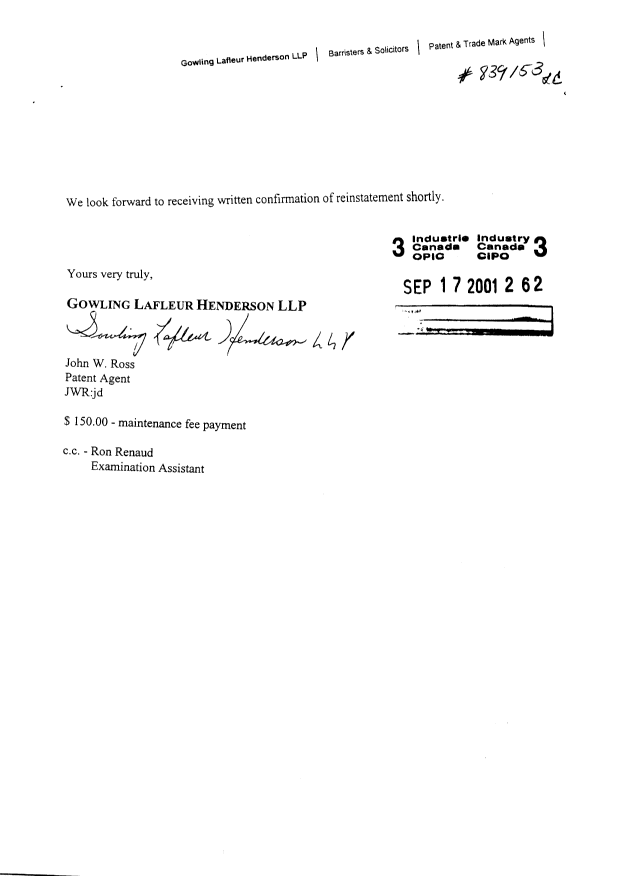 Document de brevet canadien 2200476. Taxes 20010917. Image 2 de 3