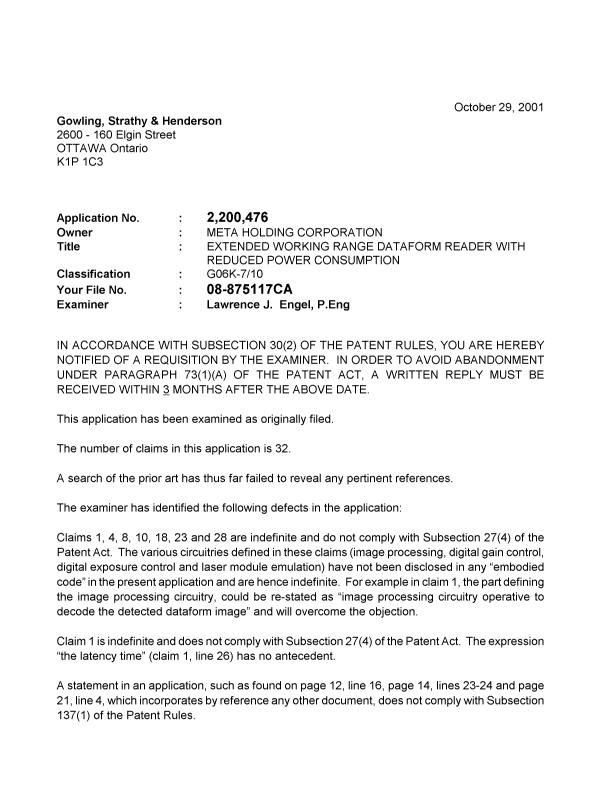 Canadian Patent Document 2200476. Prosecution-Amendment 20011029. Image 1 of 2