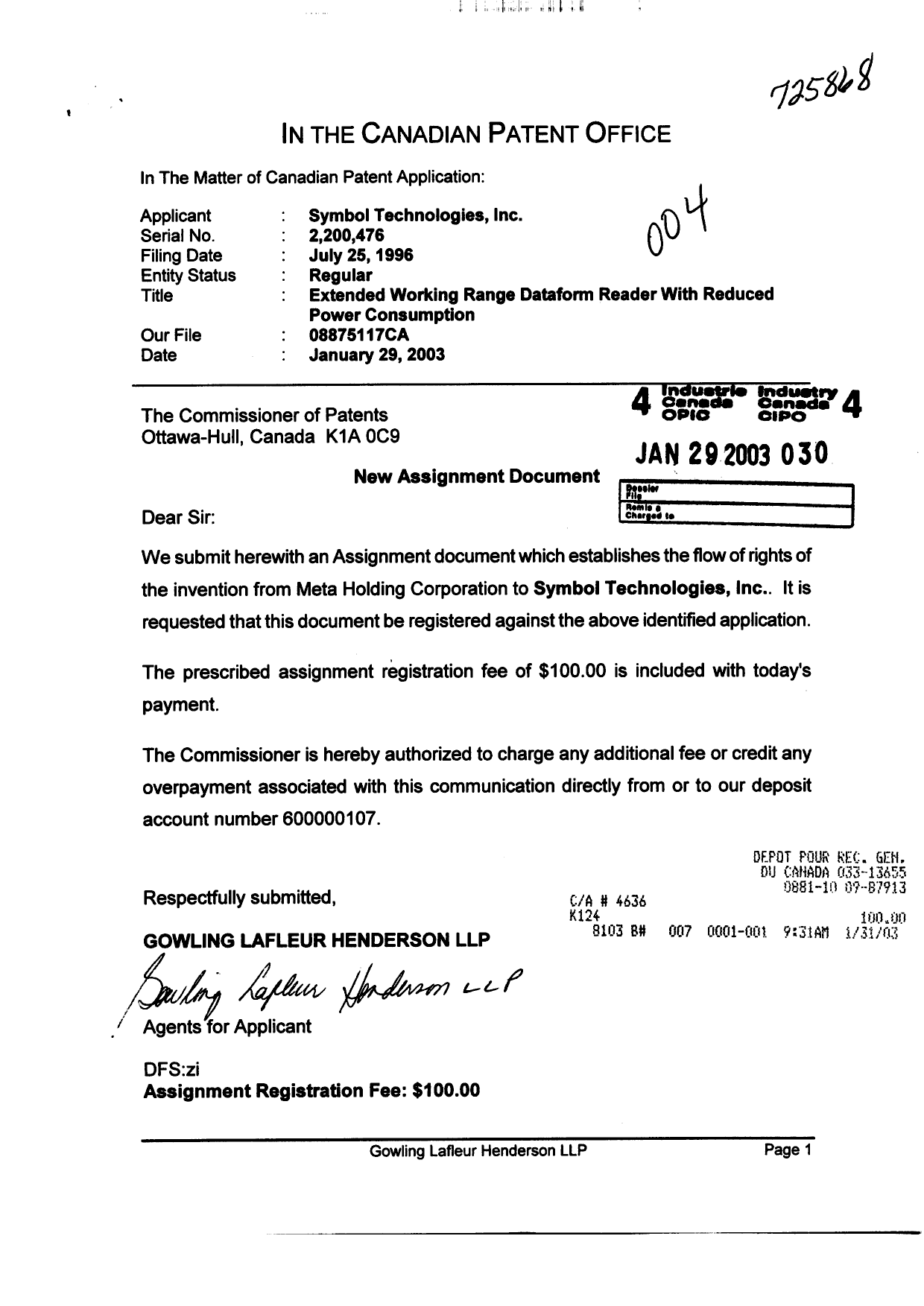 Document de brevet canadien 2200476. Cession 20030129. Image 1 de 3