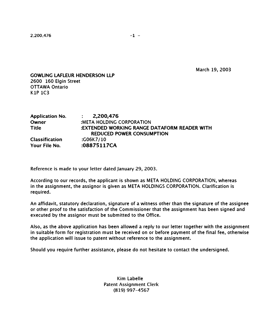 Document de brevet canadien 2200476. Correspondance 20030319. Image 1 de 1