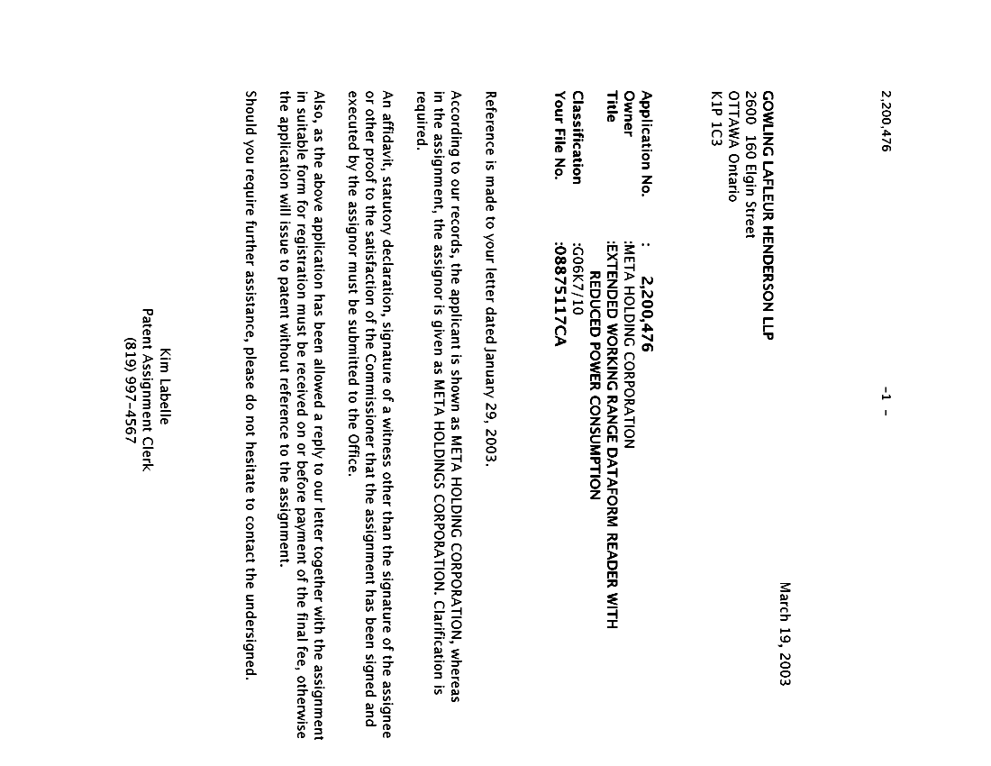 Canadian Patent Document 2200476. Correspondence 20030319. Image 1 of 1
