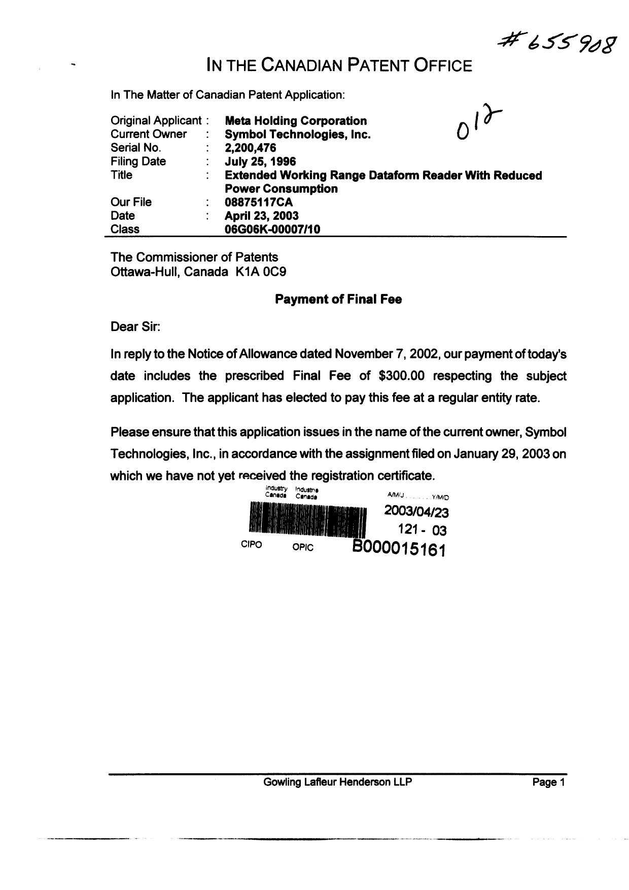Document de brevet canadien 2200476. Correspondance 20030423. Image 1 de 2