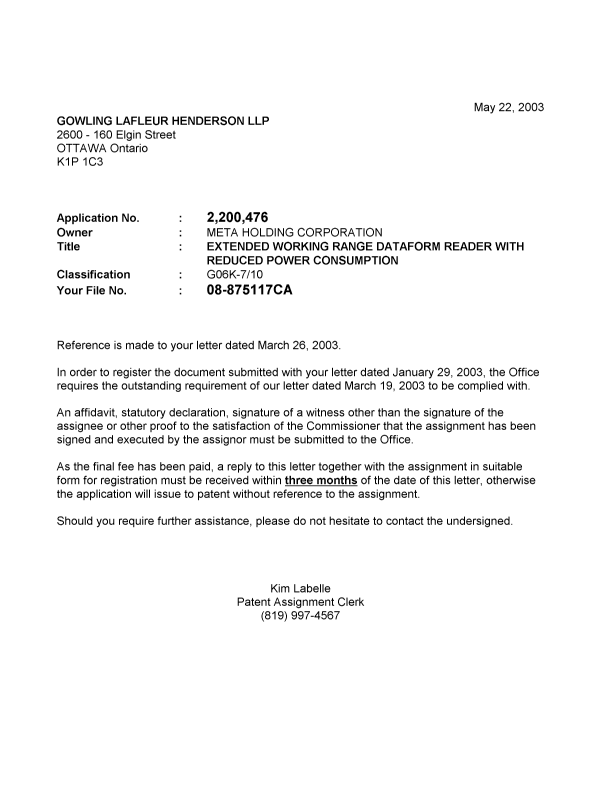 Canadian Patent Document 2200476. Correspondence 20030522. Image 1 of 1