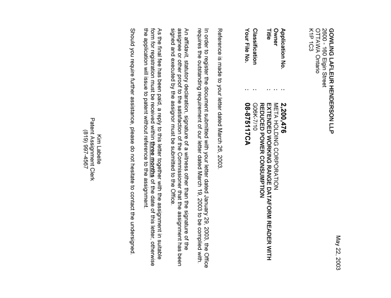 Document de brevet canadien 2200476. Correspondance 20030522. Image 1 de 1