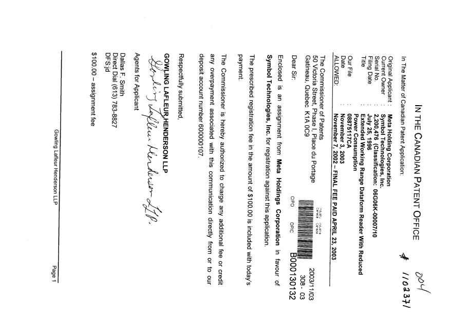Document de brevet canadien 2200476. Cession 20031103. Image 1 de 3
