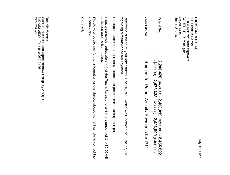 Document de brevet canadien 2200476. Correspondance 20110713. Image 1 de 1