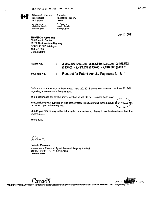 Document de brevet canadien 2200476. Correspondance 20111108. Image 4 de 4
