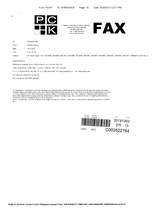 Document de brevet canadien 2200476. Correspondance 20131002. Image 5 de 5