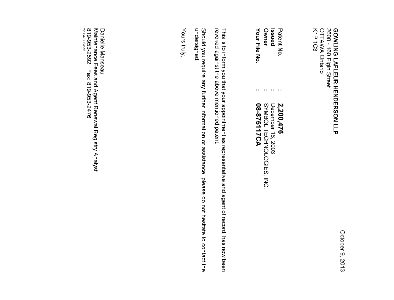 Document de brevet canadien 2200476. Correspondance 20131009. Image 1 de 1
