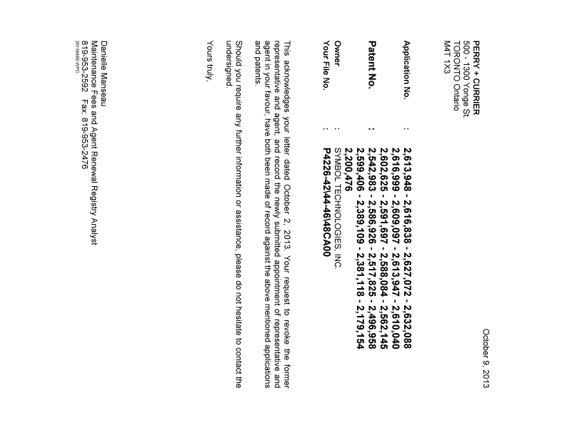 Document de brevet canadien 2200476. Correspondance 20131009. Image 1 de 1