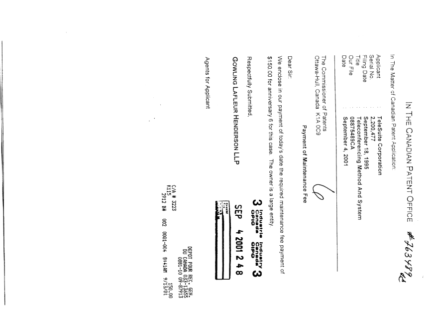 Document de brevet canadien 2200477. Taxes 20010904. Image 1 de 1