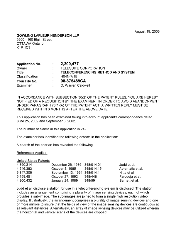 Canadian Patent Document 2200477. Prosecution-Amendment 20030819. Image 1 of 4