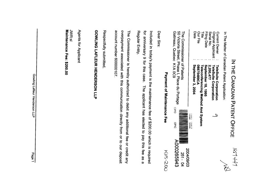 Document de brevet canadien 2200477. Taxes 20040903. Image 1 de 1
