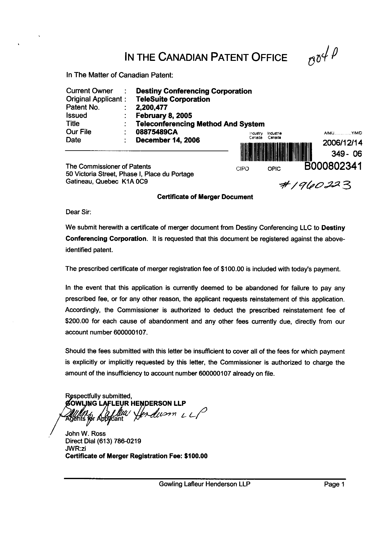 Document de brevet canadien 2200477. Cession 20061214. Image 1 de 4