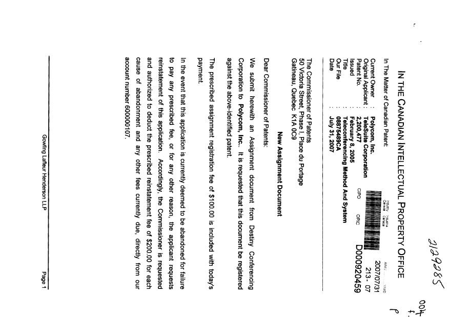 Document de brevet canadien 2200477. Cession 20070731. Image 1 de 6