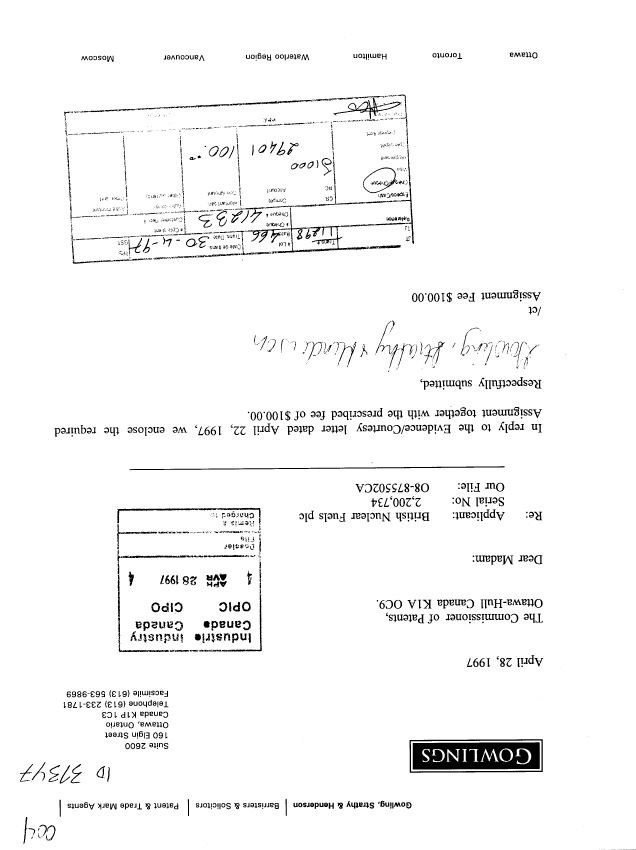 Canadian Patent Document 2200734. Assignment 19970428. Image 1 of 2