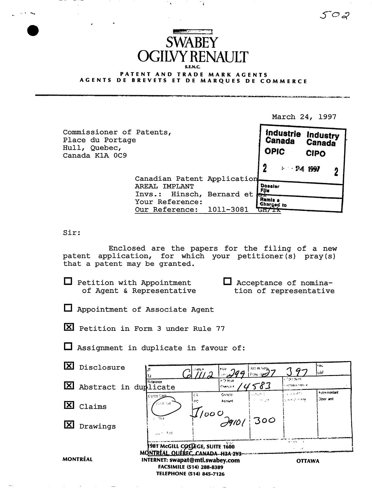 Document de brevet canadien 2200801. Cession 19961224. Image 1 de 3