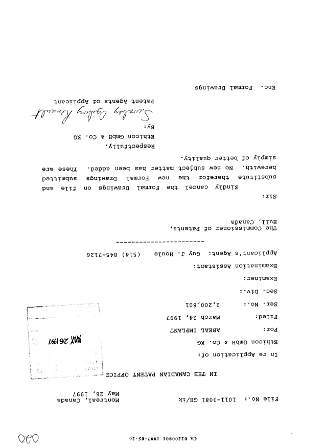 Document de brevet canadien 2200801. Correspondance 19970526. Image 1 de 7