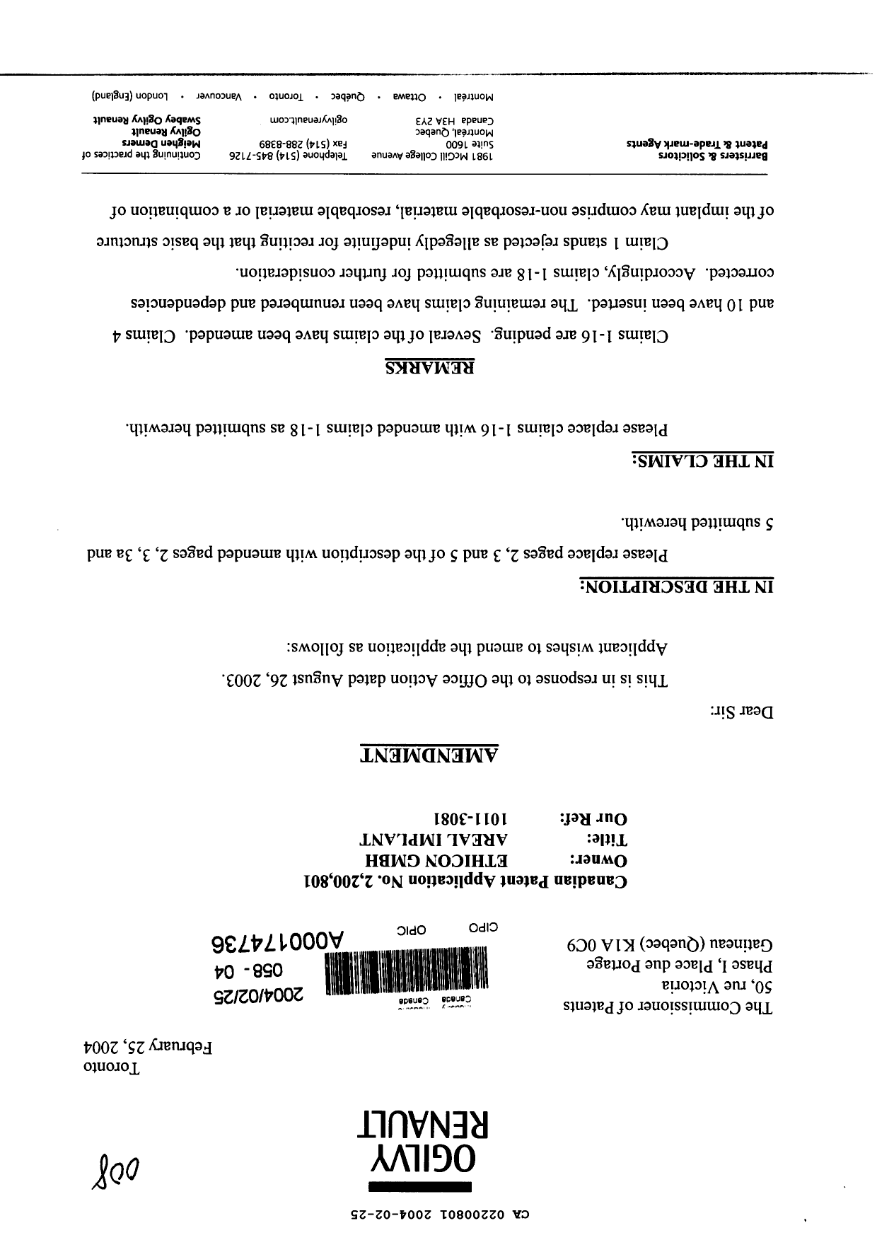 Document de brevet canadien 2200801. Poursuite-Amendment 20031225. Image 1 de 11