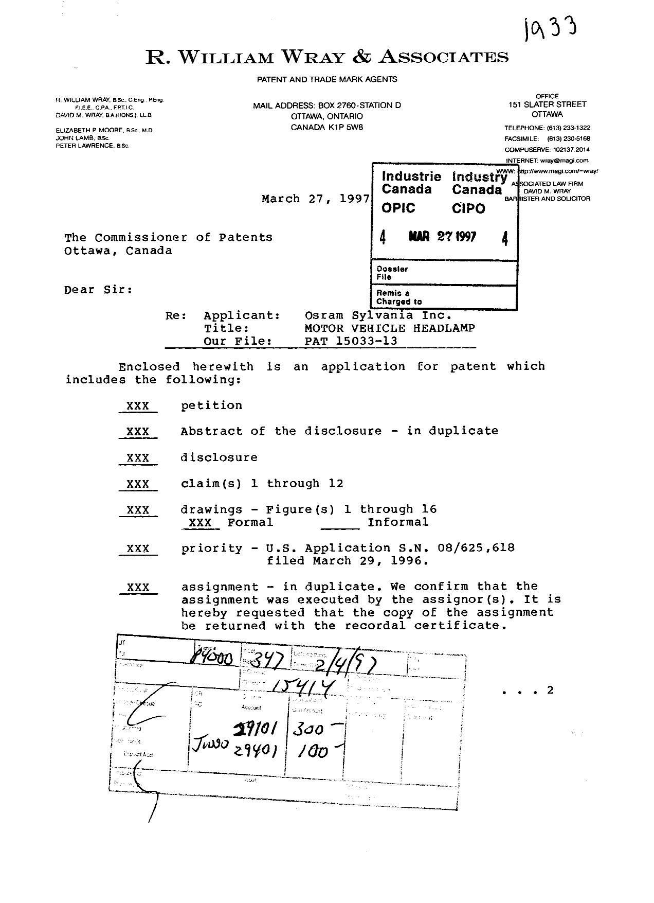 Document de brevet canadien 2201205. Cession 19970327. Image 1 de 6