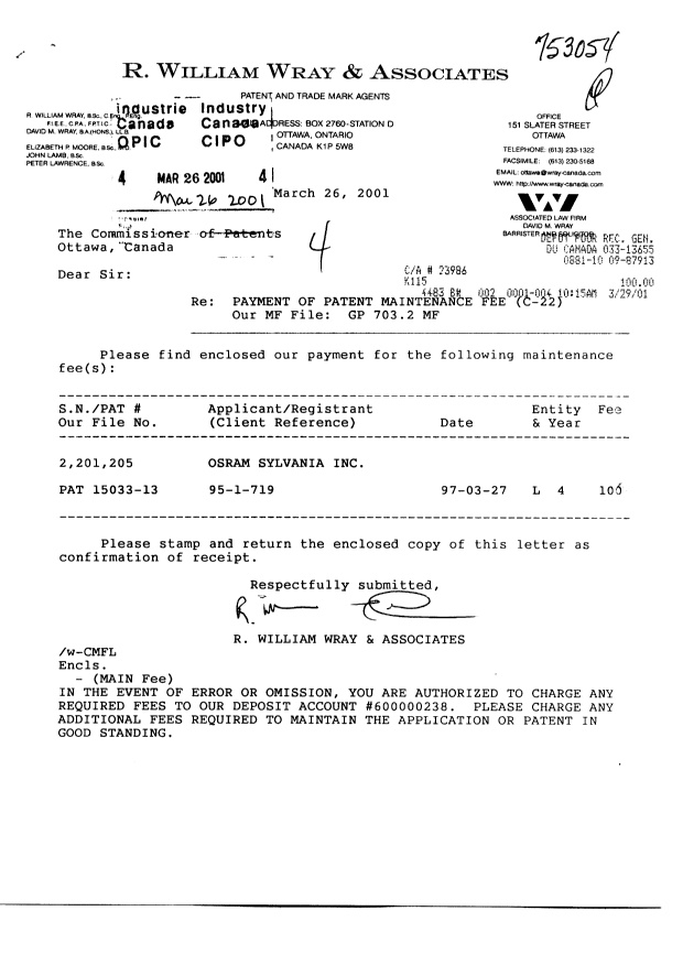 Canadian Patent Document 2201205. Fees 20010326. Image 1 of 1