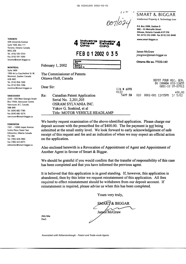 Document de brevet canadien 2201205. Correspondance 20020201. Image 1 de 2