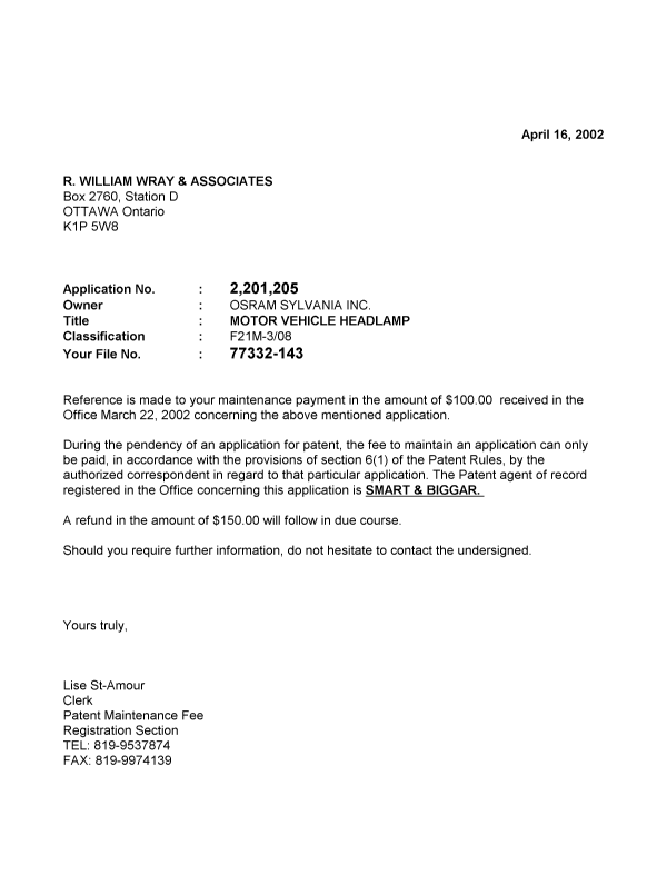 Document de brevet canadien 2201205. Correspondance 20020416. Image 1 de 2