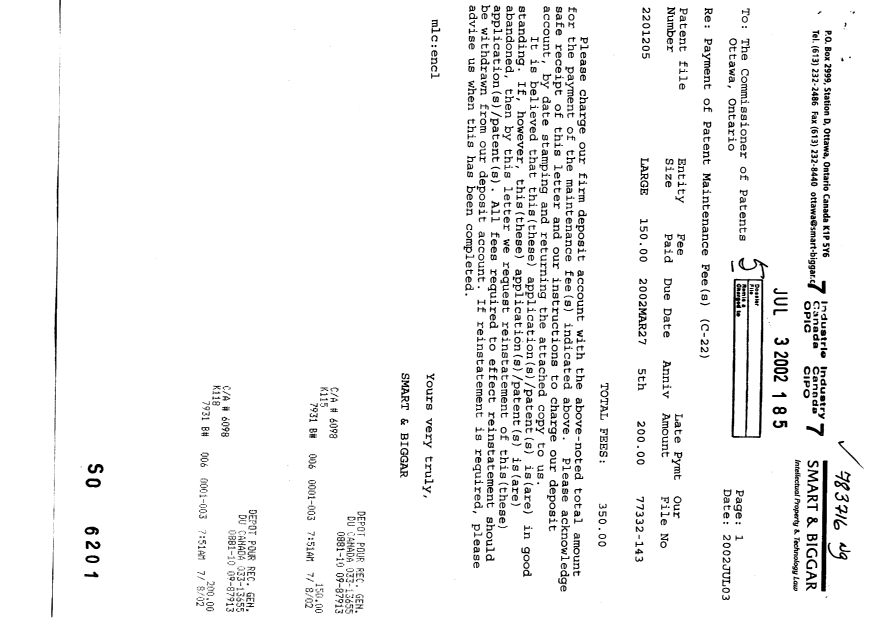 Document de brevet canadien 2201205. Taxes 20020703. Image 1 de 2