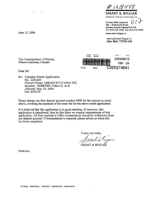 Canadian Patent Document 2201205. Correspondence 20040615. Image 1 of 1