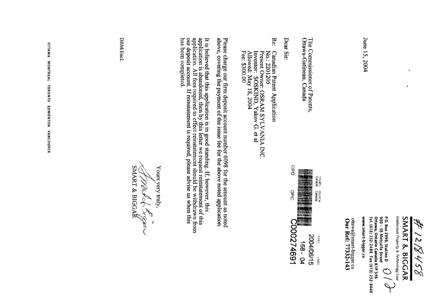 Document de brevet canadien 2201205. Correspondance 20040615. Image 1 de 1