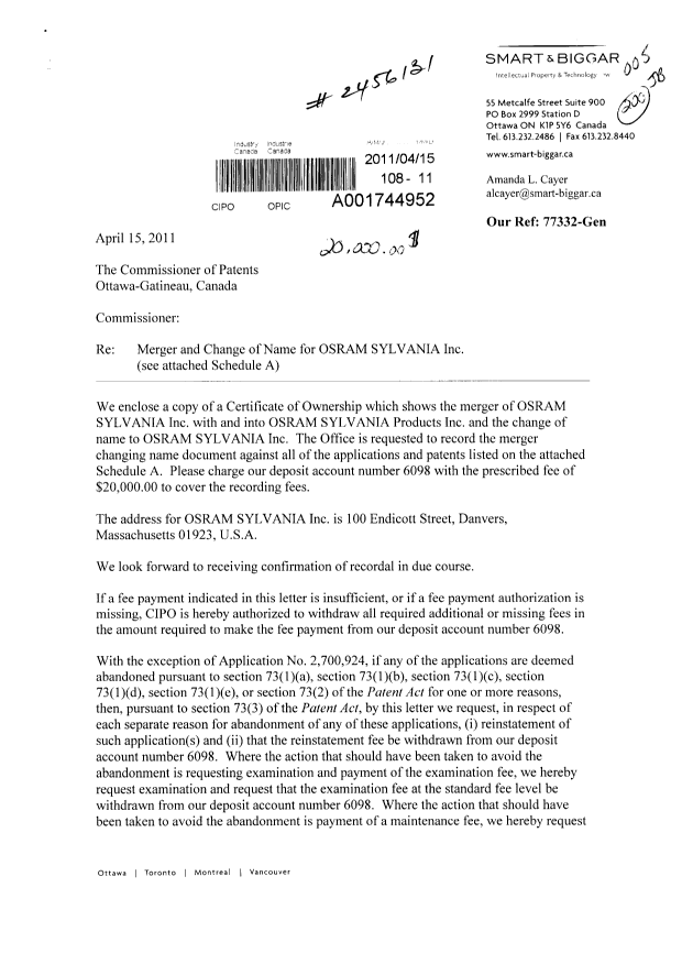 Document de brevet canadien 2201205. Cession 20110415. Image 1 de 10