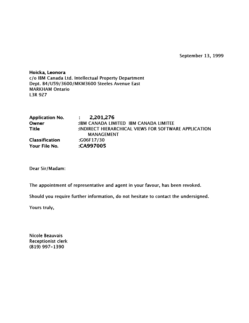 Document de brevet canadien 2201276. Correspondance 19990913. Image 1 de 1