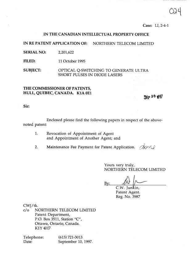 Document de brevet canadien 2201622. Correspondance 19970910. Image 1 de 2
