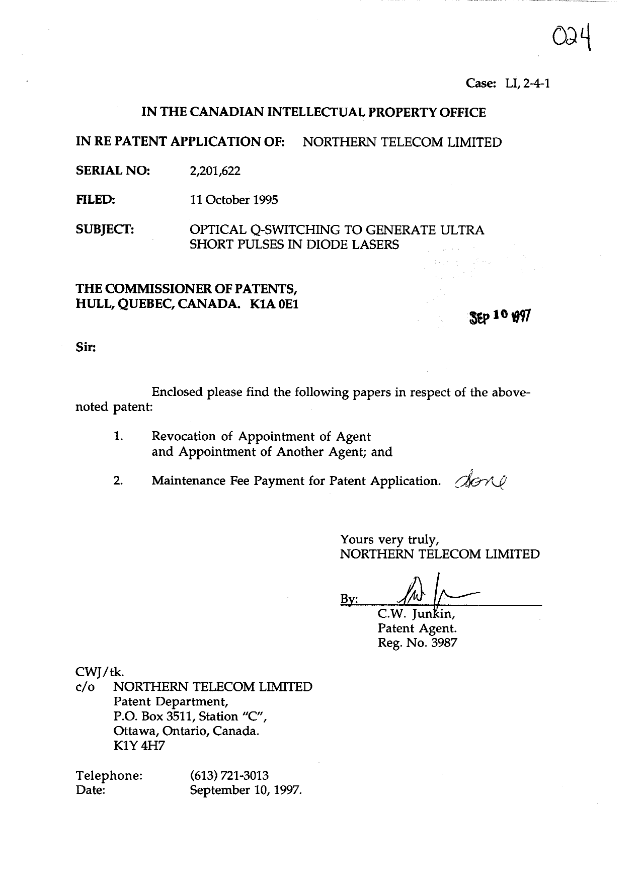 Canadian Patent Document 2201622. Correspondence 19971023. Image 1 of 3