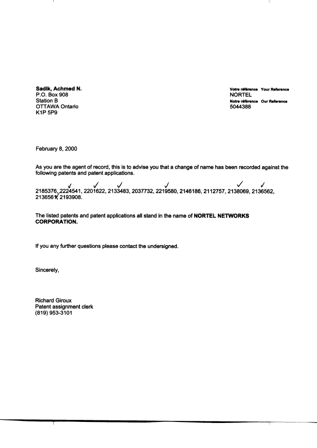 Canadian Patent Document 2201622. Correspondence 20000208. Image 1 of 1
