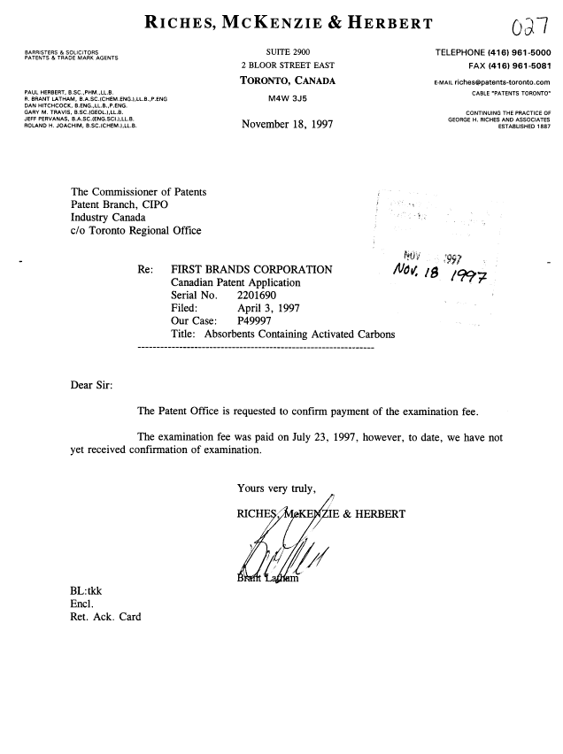 Canadian Patent Document 2201690. Prosecution-Amendment 19971118. Image 1 of 1