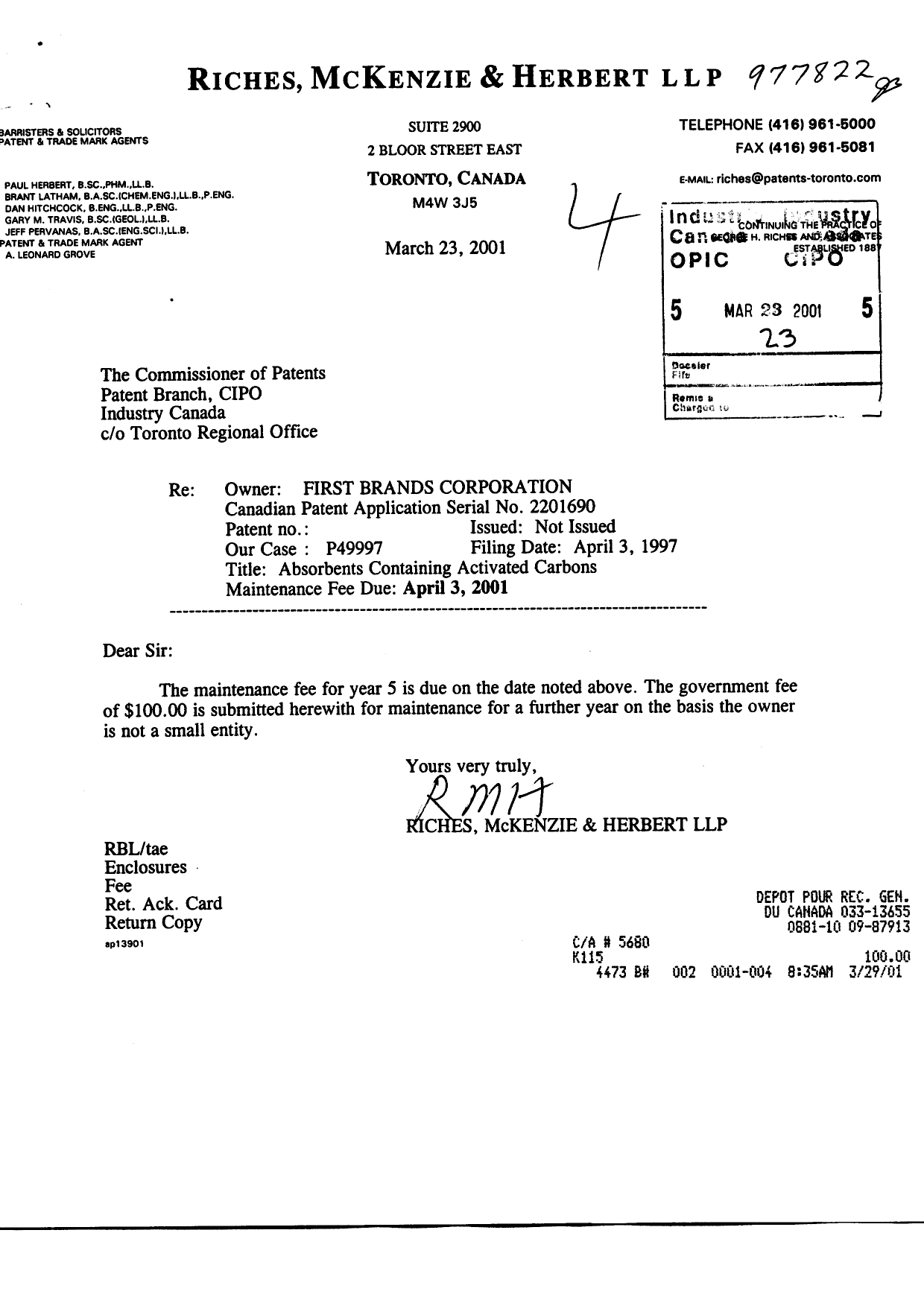 Document de brevet canadien 2201690. Taxes 20010323. Image 1 de 1