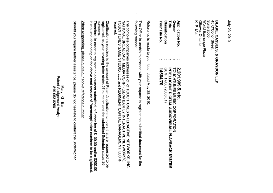 Document de brevet canadien 2201913. Correspondance 20100723. Image 1 de 4