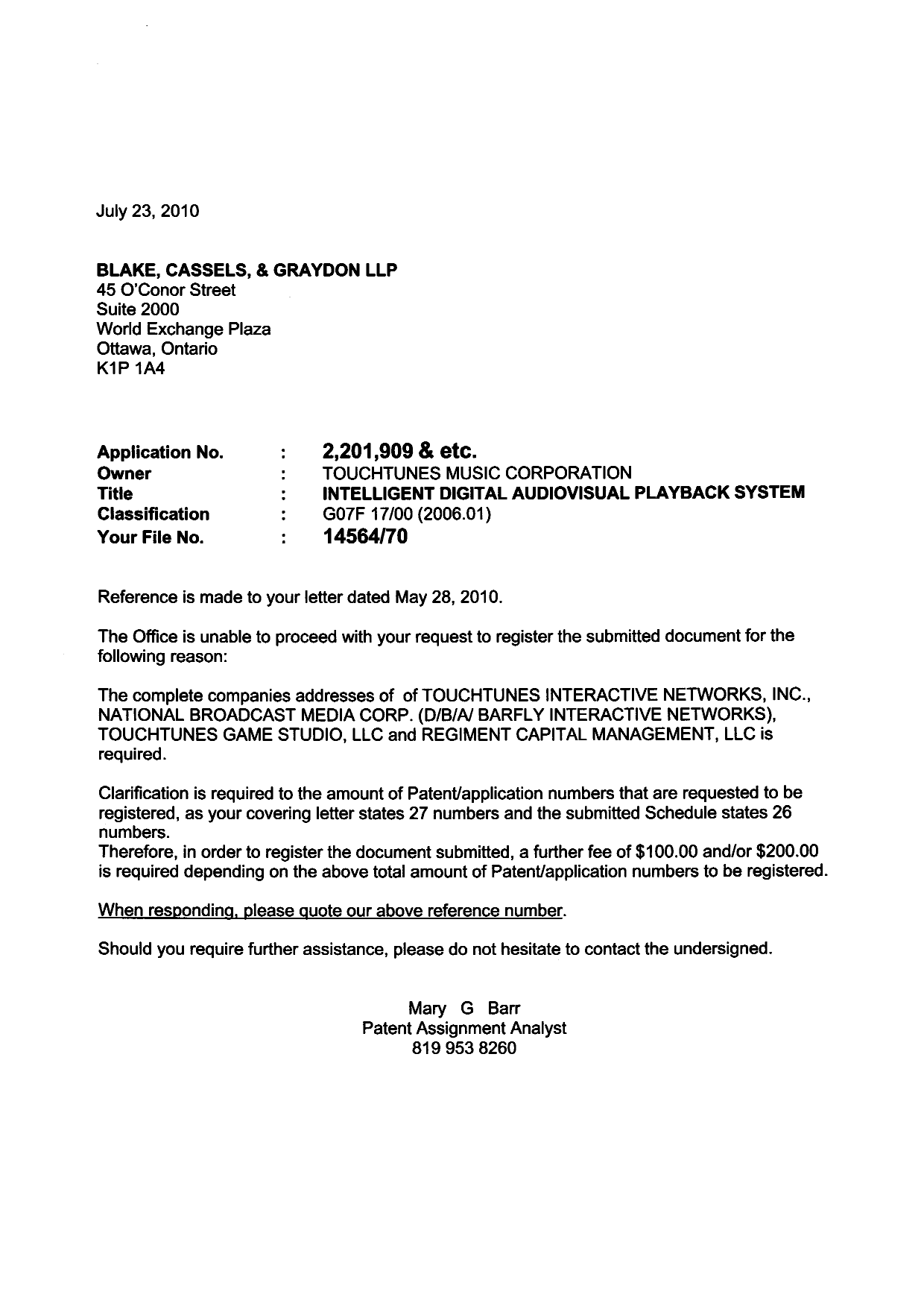 Document de brevet canadien 2201913. Correspondance 20100723. Image 1 de 4