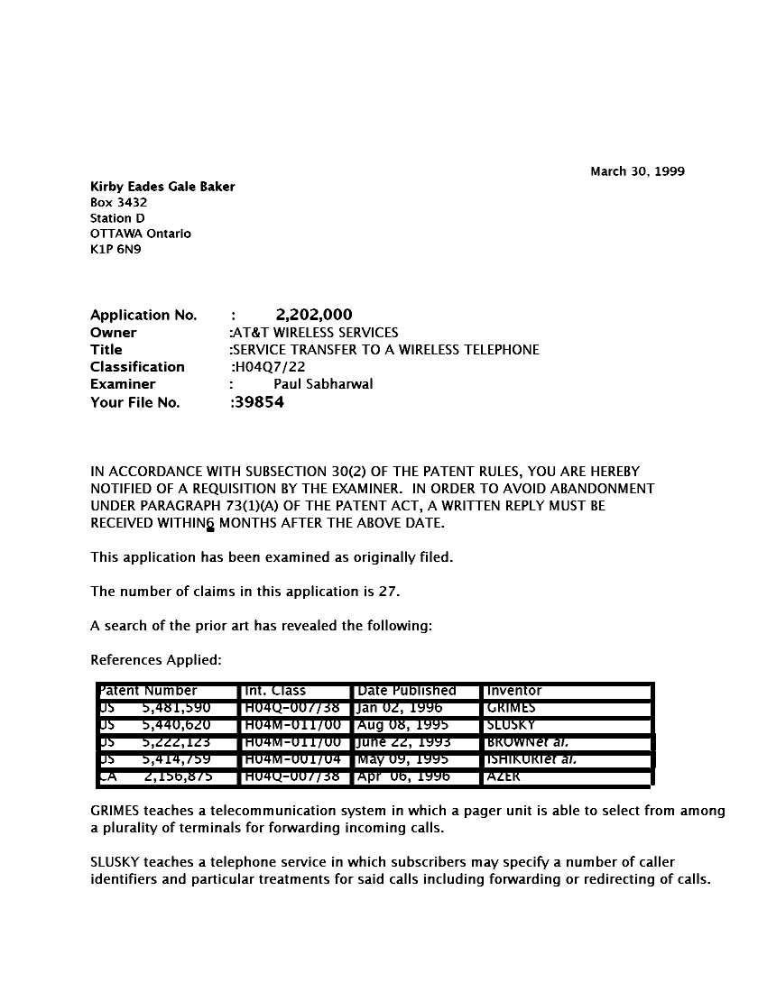 Canadian Patent Document 2202000. Prosecution-Amendment 19990330. Image 1 of 3