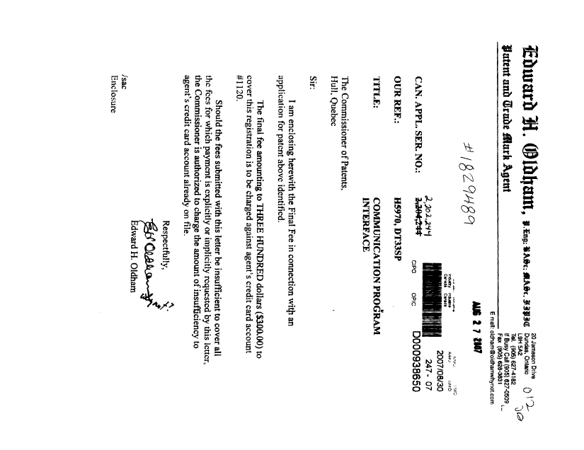 Document de brevet canadien 2202244. Correspondance 20070830. Image 1 de 1