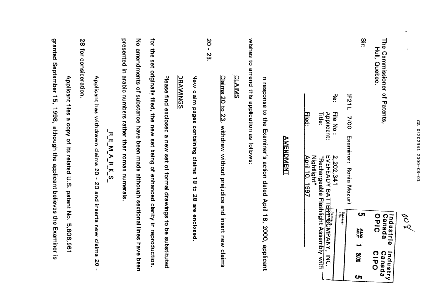 Document de brevet canadien 2202341. Poursuite-Amendment 20000801. Image 1 de 12