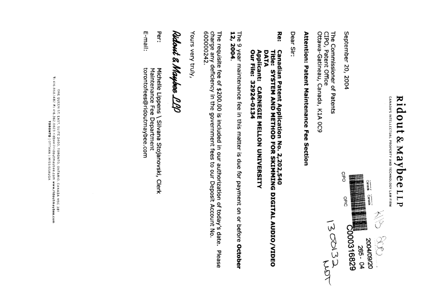 Document de brevet canadien 2202540. Taxes 20040920. Image 1 de 1