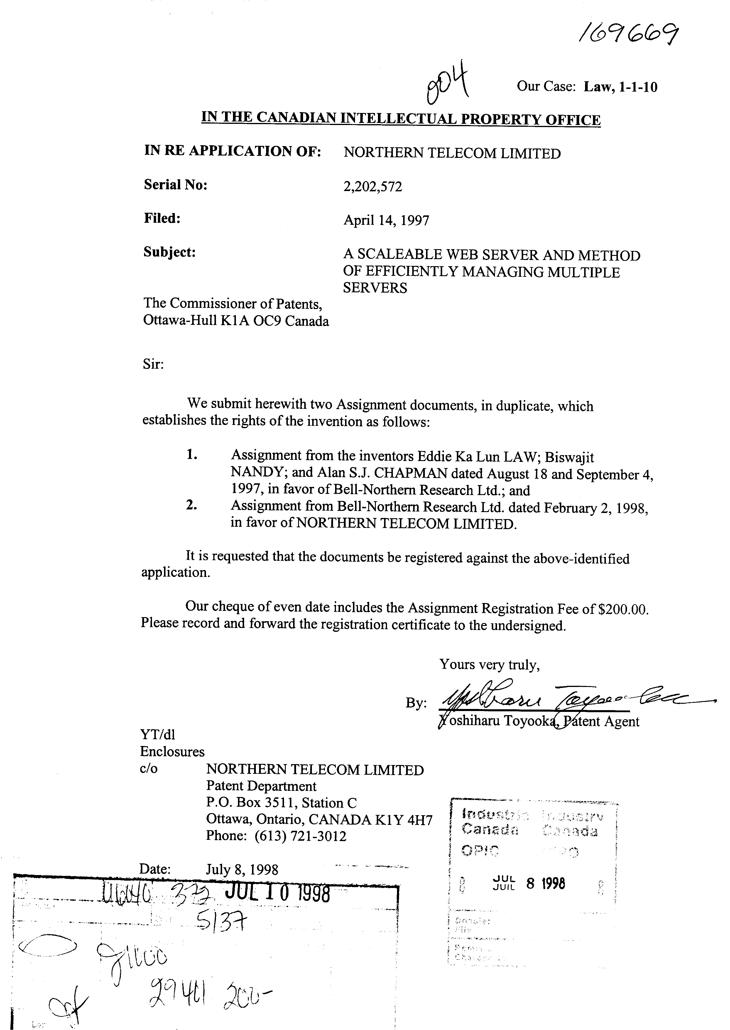 Canadian Patent Document 2202572. Assignment 19980708. Image 1 of 8