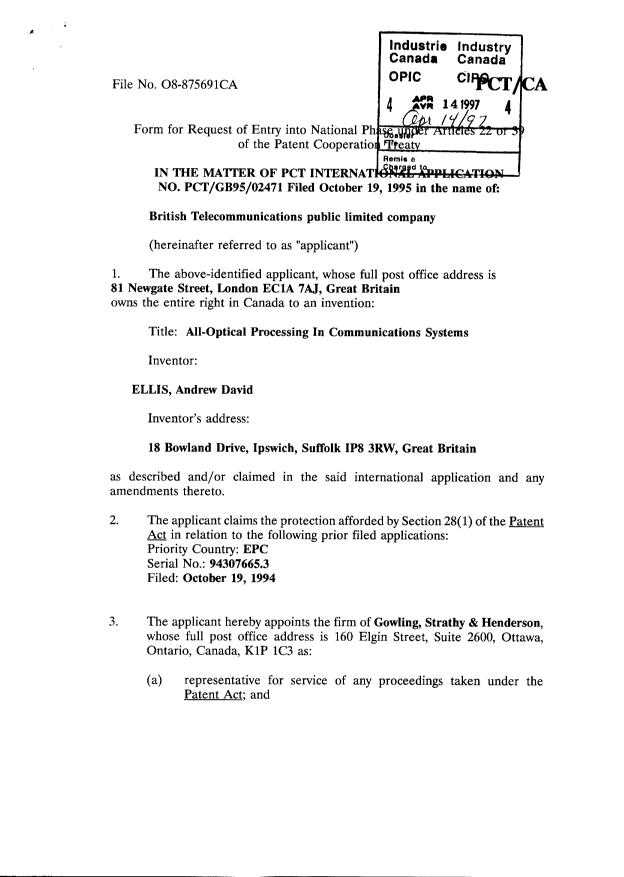 Document de brevet canadien 2202660. Cession 19970414. Image 2 de 8